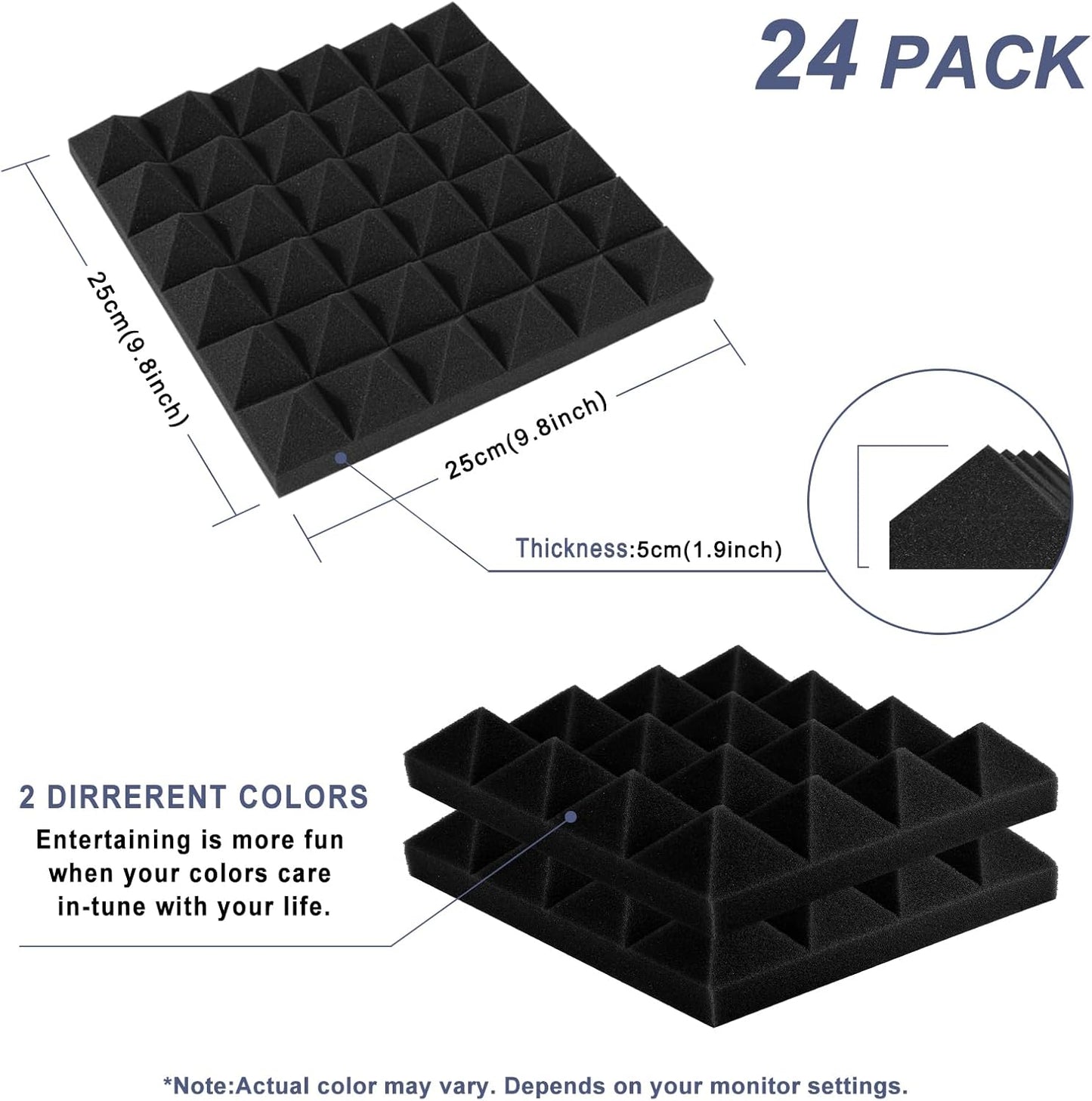 Set 24 panouri acustice, fonoabsorbant 25 x 25 x 5 cm, burete acustic & izolator fonic pentru studio de inregistrare, camera TV, camera copiilor, birou si podcast, negru