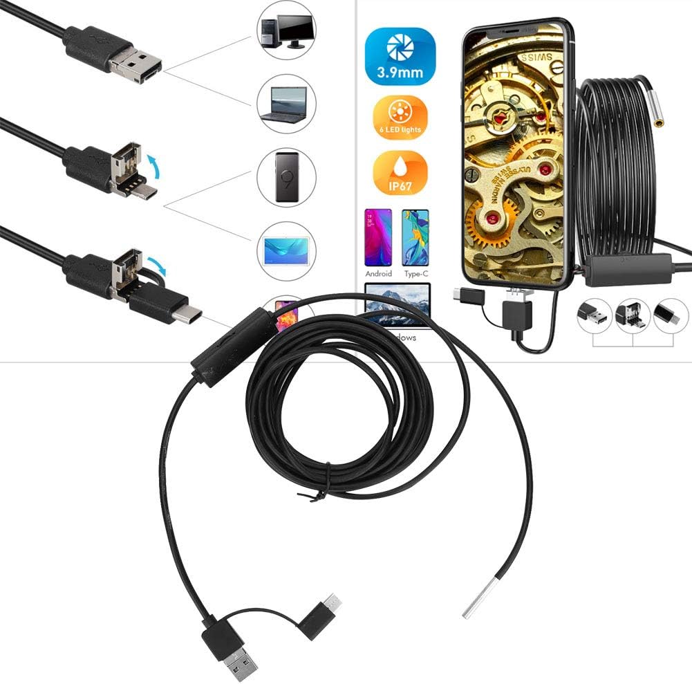 Endoscop industrial, camera de inspectie de 3.9 mm, HD 1280 x 720, cu tub USB semi-rigid de 5 m si 6 LED-uri, luminiozitate reglabila, unghi larg de 70 de grade, rezistenta la apa IP67, compatibil cu android si PC