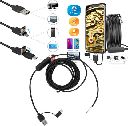 Endoscop industrial, camera de inspectie de 3.9 mm, HD 1280 x 720, cu tub USB semi-rigid de 5 m si 6 LED-uri, luminiozitate reglabila, unghi larg de 70 de grade, rezistenta la apa IP67, compatibil cu android si PC