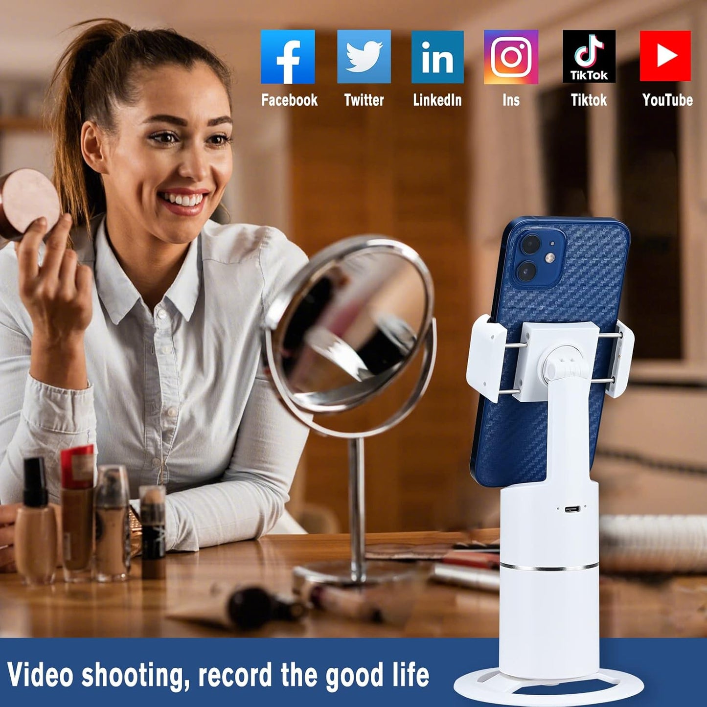 Suport smartphone cu urmarire faciala, stabilizator telefon cu rotatie 360°, acumulator 5000 mAh, nu necesita aplicatie, cu filet 1/4 inch, pentru inregistrare video, streaming live, wireless, portabil