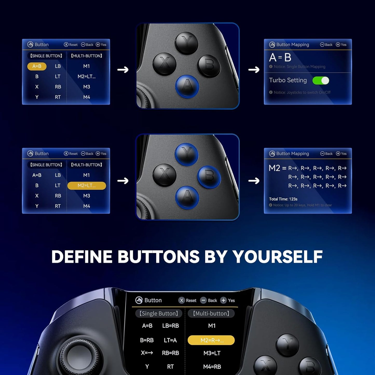 Controler wireless cu programare, display interactiv, butoane microswitch, joystick cu Hall Efect, lumini LED RGB, pentru PC, Switch, iOS, Android, negru