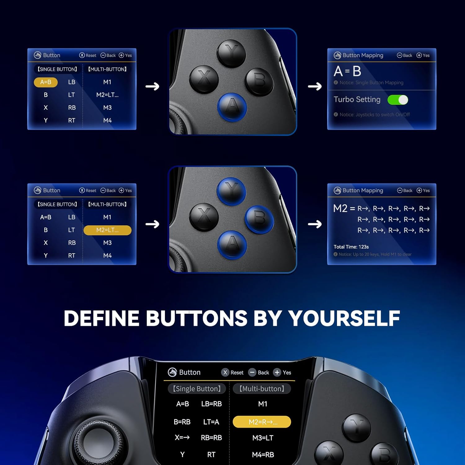 Controler wireless cu programare, display interactiv, butoane microswitch, joystick cu Hall Efect, lumini LED RGB, pentru PC, Switch, iOS, Android, negru