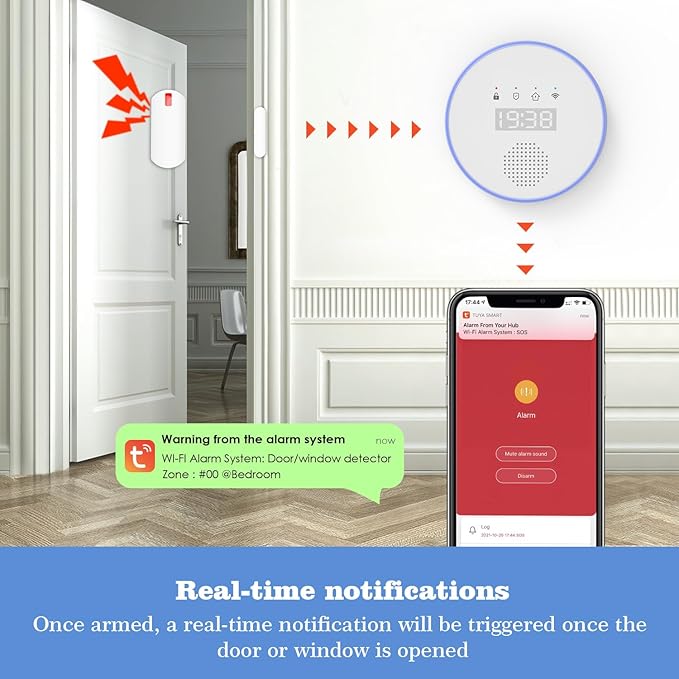 Sistem de alarma WiFi smart, 5/2,4 GHz, sirena 120 dB, 6 senzori pentru usi si ferestre, 2 telecomenzi, control prin aplicatie, compatibil cu Alexa si Google Home, pentru casa, garaj, birou