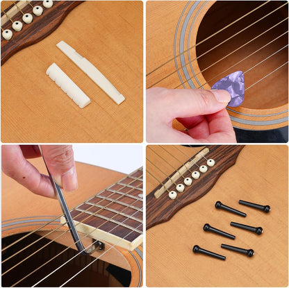 Kit reparatii chitara, 72 piese cu chei inbus, cleste, infasuratori de corzi, pile, surubelnita si accesorii pentru chitara acustica, Ukulele, Bas, Mandolina, Banjo