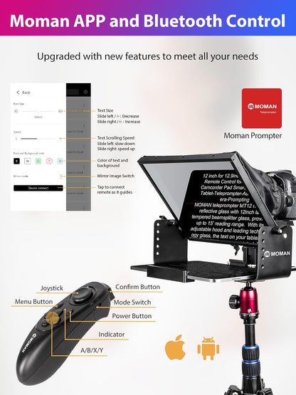 Kit teleprompter de 12 inch, pentru camere DSLR, cu telecomanda, compatibil cu smartphone si tableta pana la 12.9 inch, din metal, cu montura 1/4 inch si geanta de depozitare si transport
