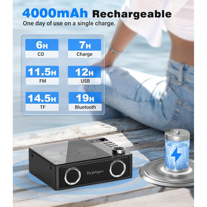 CD Player portabil cu Bluetooth 5.3, acumulator 4000 mAh, telecomanda, sunet HiFi, display LED, difuzor incorporat, cu Radio, USB, TF, AUX si port iesire optica, negru