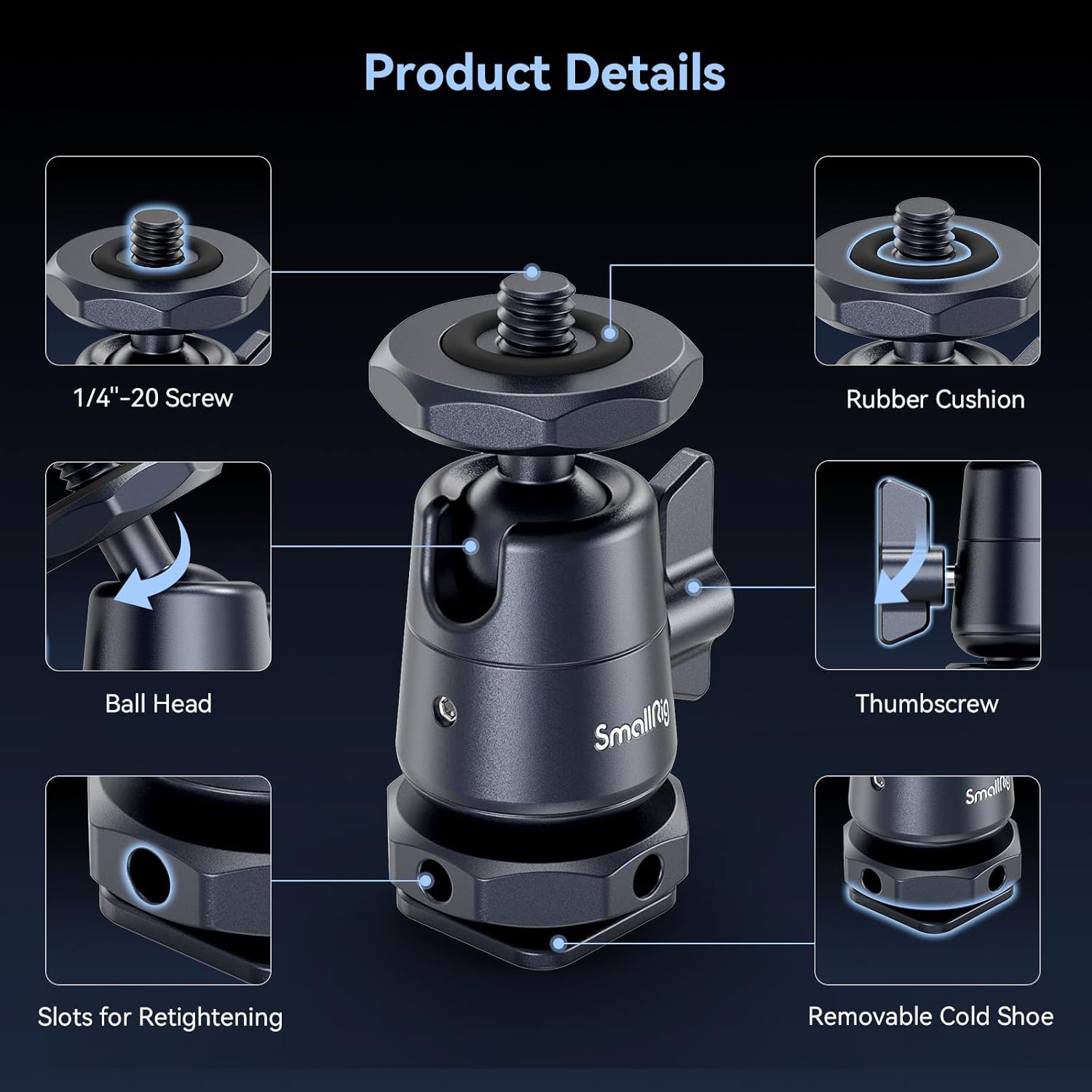Set 2 adaptor cu cap tip bila cu surub de 1-4"-20 si suport patina cold shoe detasabil, din aluminiu, rotativ 360 de grade, pentru trepiede, monopiede, camere video