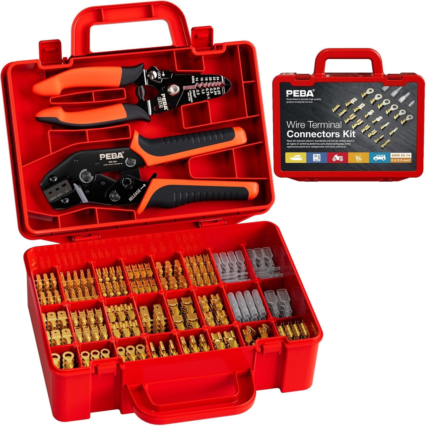 Set cleste sertizare cu 20 tipuri de conectori spada, pini de 2,8 / 3,9 / 4,8 / 6,3 mm, cleste de sertizare 0,25-2,5 mm², cu cleste multifunctional pentru dezizolat fire 0.25 - 2.5 mm², in cutie de transport si depozitare