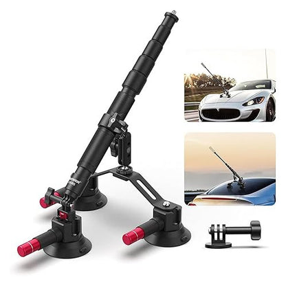 Suport auto 2 in 1 pentru camera si telefon, rotativ 360°, cu trei ventuze, tija telescopica extensibila, folosit pentru exterior in timpul deplasarii, suport pentru camera cu eliberare rapida, compatibil cu GoPro, Insta360, DJI OSMO Action
