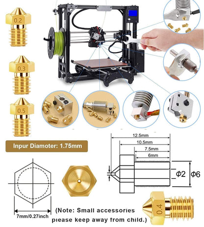 Set 26 duze imprimanta 3D de 0.2mm 0.3mm 0.4mm 0.5mm 0.6mm 0.8mm 1.0mm, V5 V6, filet M6, pentru imprimante cu filament 1.75mm