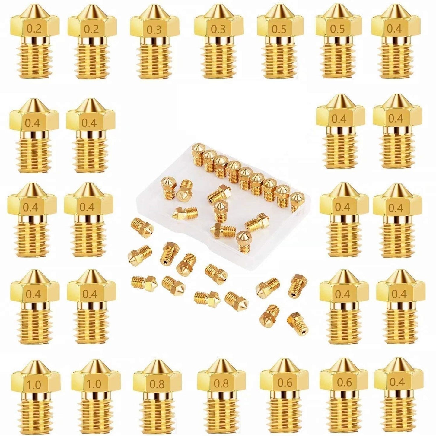 Set 26 duze imprimanta 3D de 0.2mm 0.3mm 0.4mm 0.5mm 0.6mm 0.8mm 1.0mm, V5 V6, filet M6, pentru imprimante cu filament 1.75mm