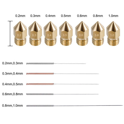 Set duze imprimanta 3D, 29 de piese, de 0.2mm, 0.3mm, 0.4mm, 0.5mm, 0.6mm, 0.8mm, 1.0mm, filet M6 1.75mm, cu 5 accesorii de curatare