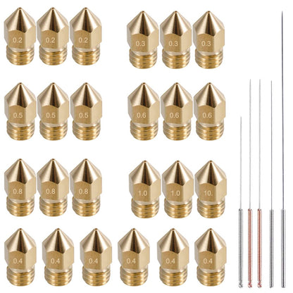 Set duze imprimanta 3D, 29 de piese, de 0.2mm, 0.3mm, 0.4mm, 0.5mm, 0.6mm, 0.8mm, 1.0mm, filet M6 1.75mm, cu 5 accesorii de curatare