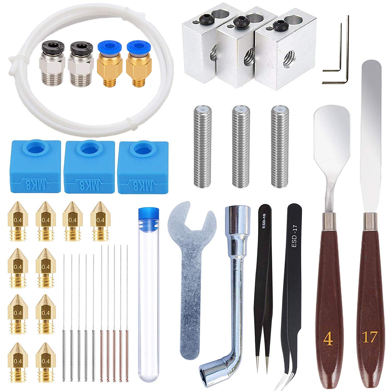 Kit de accesorii pentru imprimanta 3D MK8, cu 10 duze 0.4mm, 3 bloc de incalzire, 3 tija filetata cu teflon, 3 protectii silicon, 4 conectori PC4, 10 tije curatare, tub teflon si unelte