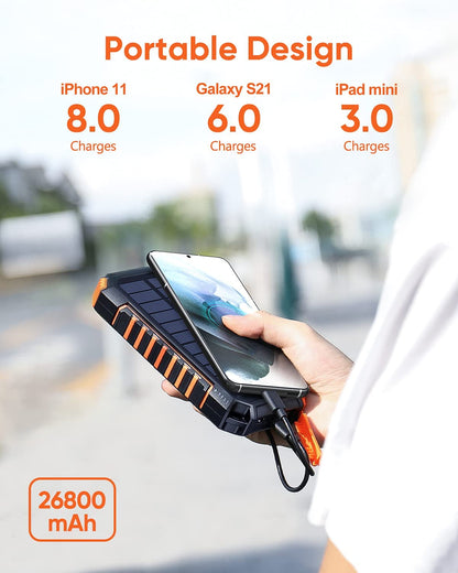 Acumulator extern 26800 mAh, powerbank solar cu incarcare wireless QI, 2 USB si 1 USB C, rezistent la apa, cu lanterna LED