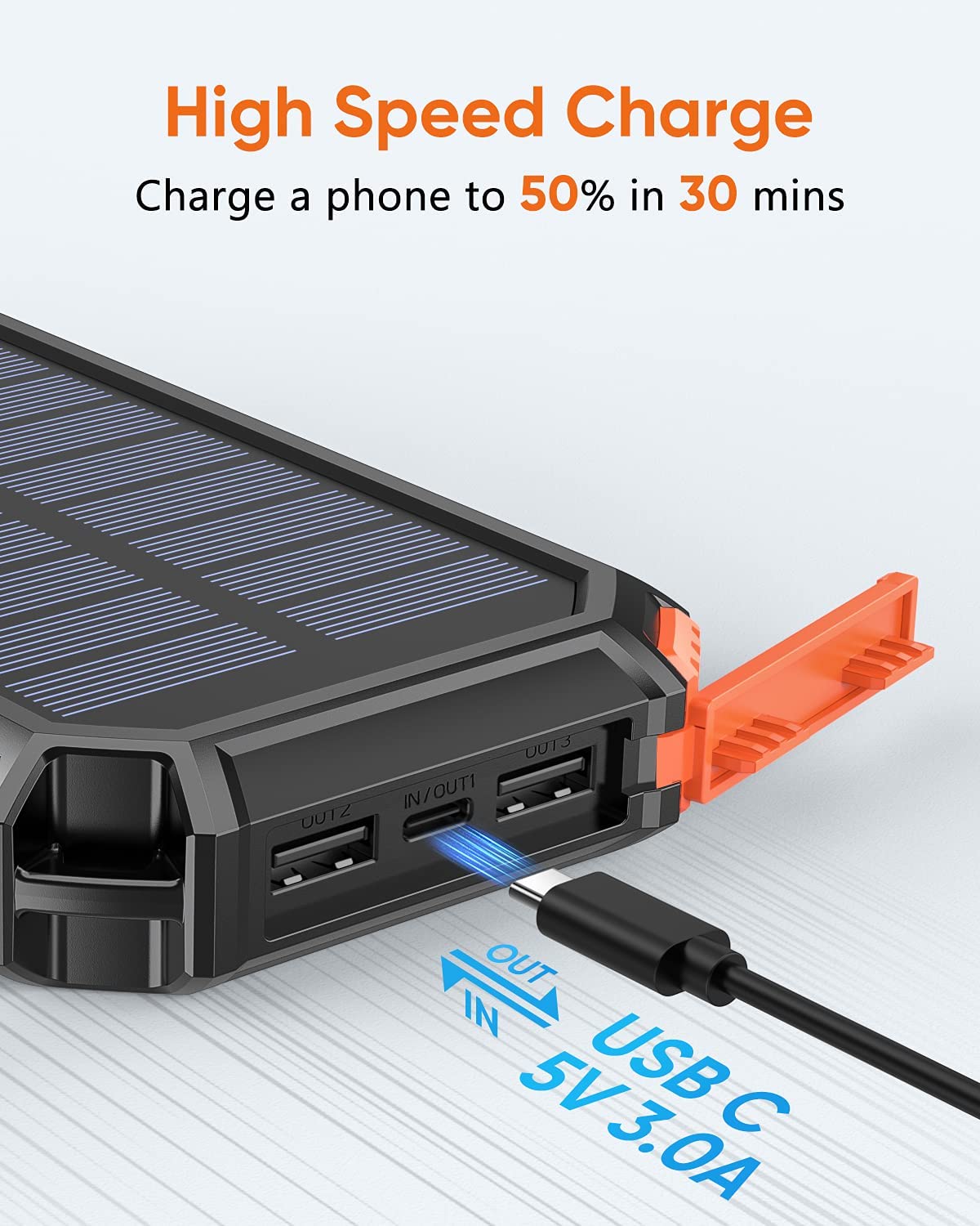 Acumulator extern 26800 mAh, powerbank solar cu incarcare wireless QI, 2 USB si 1 USB C, rezistent la apa, cu lanterna LED