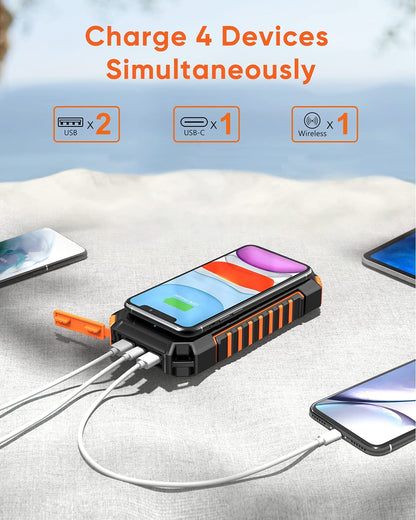 Acumulator extern 26800 mAh, powerbank solar cu incarcare wireless QI, 2 USB si 1 USB C, rezistent la apa, cu lanterna LED