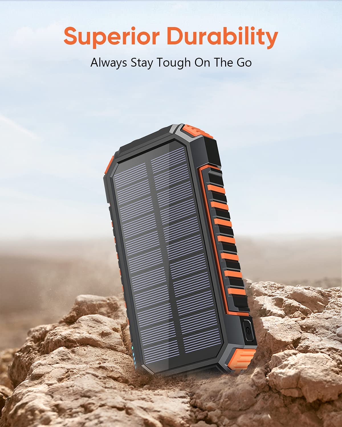 Acumulator extern 26800 mAh, powerbank solar cu incarcare wireless QI, 2 USB si 1 USB C, rezistent la apa, cu lanterna LED