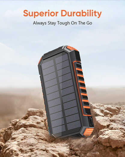 Acumulator extern 26800 mAh, powerbank solar cu incarcare wireless QI, 2 USB si 1 USB C, rezistent la apa, cu lanterna LED
