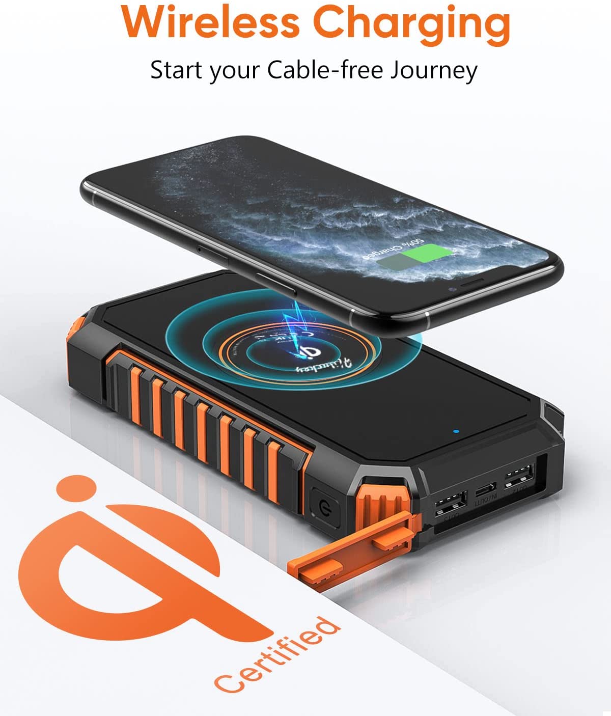 Acumulator extern 26800 mAh, powerbank solar cu incarcare wireless QI, 2 USB si 1 USB C, rezistent la apa, cu lanterna LED