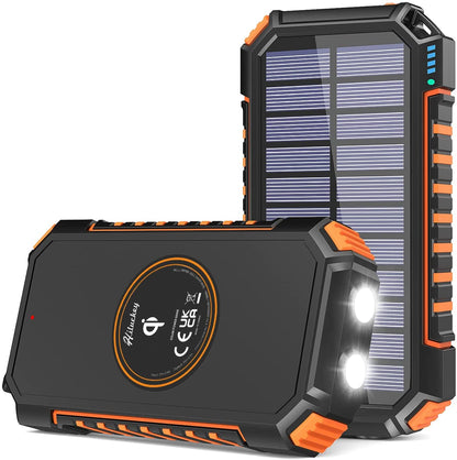 Acumulator extern 26800 mAh, powerbank solar cu incarcare wireless QI, 2 USB si 1 USB C, rezistent la apa, cu lanterna LED