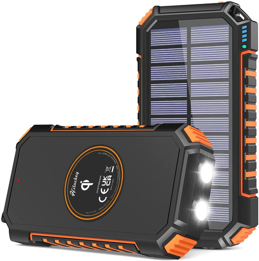 Acumulator extern 26800 mAh, powerbank solar cu incarcare wireless QI, 2 USB si 1 USB C, rezistent la apa, cu lanterna LED