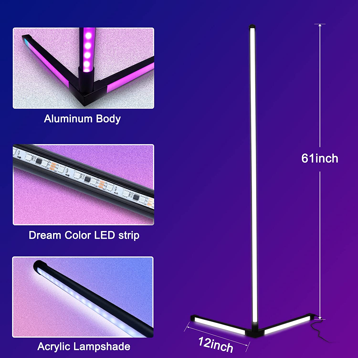 Lampa de podea LED RGB cu Bluetooth si telecomanda, 356 moduri iluminare, 10 niveluri luminozitate, control muzical, slim, 156 cm