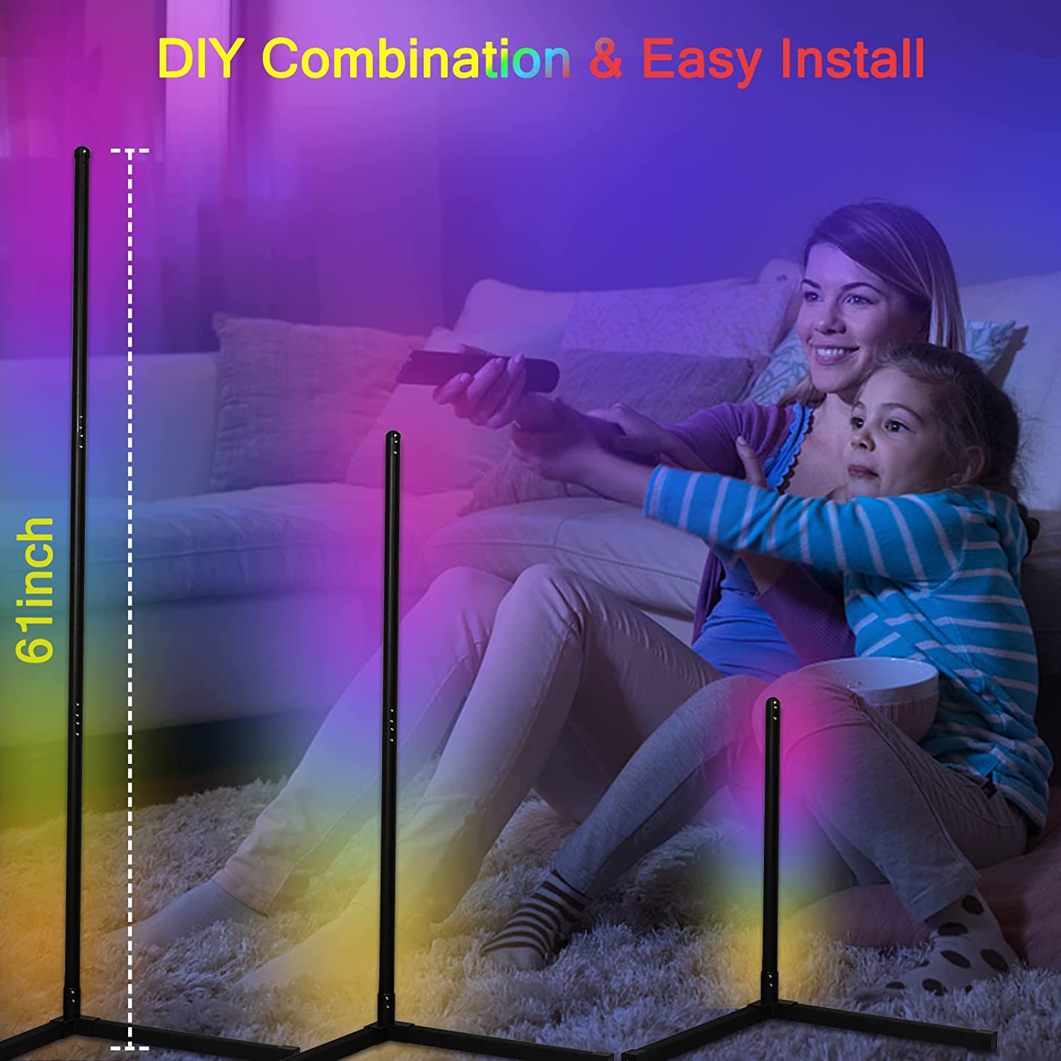 Lampa de podea LED RGB cu Bluetooth si telecomanda, 356 moduri iluminare, 10 niveluri luminozitate, control muzical, slim, 156 cm