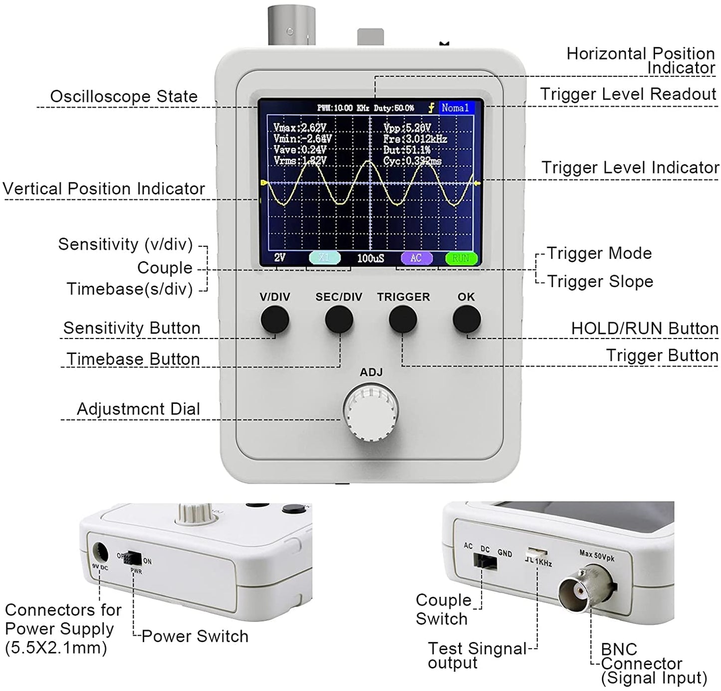 Osciloscop digital cu ecran 2,4 inch, 1 canal analogic, latime banda 0 - 200 kHz, Quimat DSO138