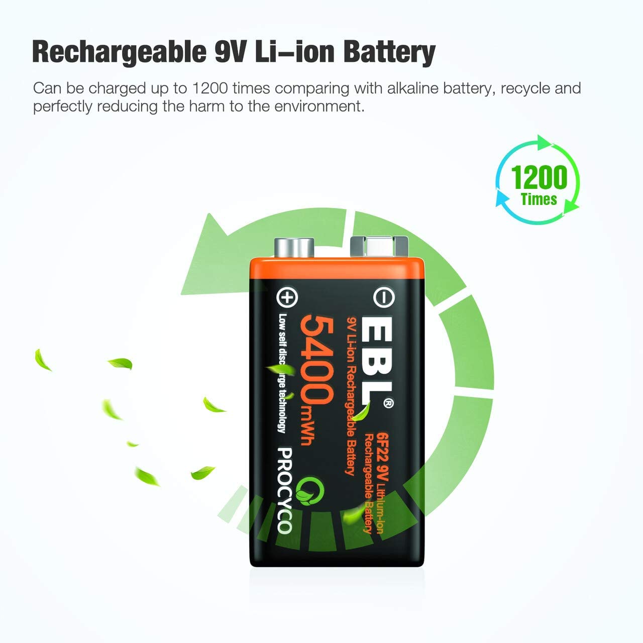 Set de 4 baterii 9V reincarcabile prin USB, 5400 mWh, incarcare rapida, cu cablu de incarcare 4 in 1