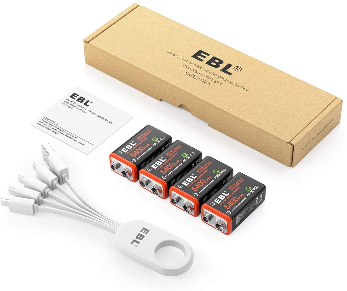Set de 4 baterii 9V reincarcabile prin USB, 5400 mWh, incarcare rapida, cu cablu de incarcare 4 in 1