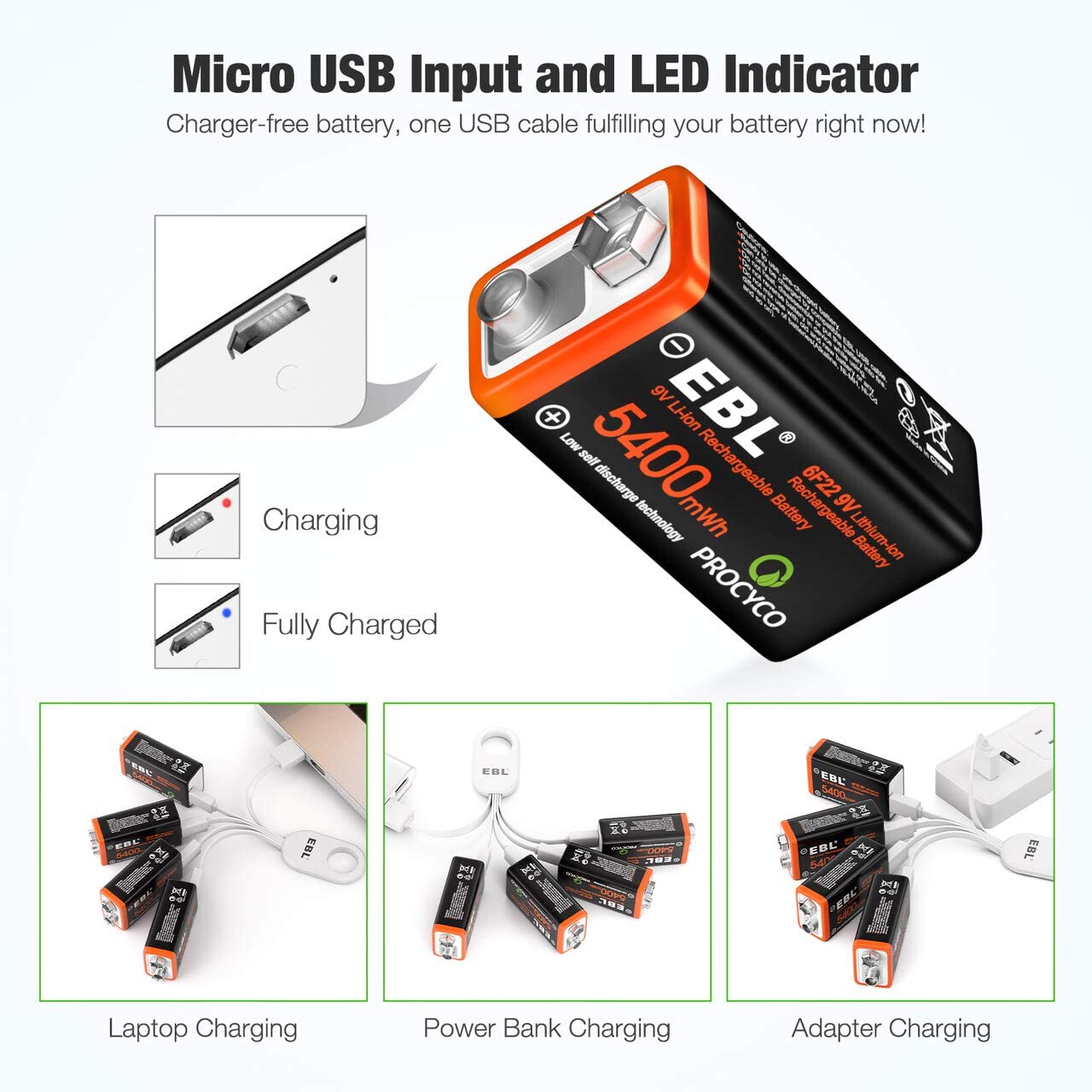 Set de 4 baterii 9V reincarcabile prin USB, 5400 mWh, incarcare rapida, cu cablu de incarcare 4 in 1