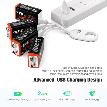 Set de 4 baterii 9V reincarcabile prin USB, 5400 mWh, incarcare rapida, cu cablu de incarcare 4 in 1