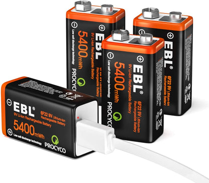 Set de 4 baterii 9V reincarcabile prin USB, 5400 mWh, incarcare rapida, cu cablu de incarcare 4 in 1