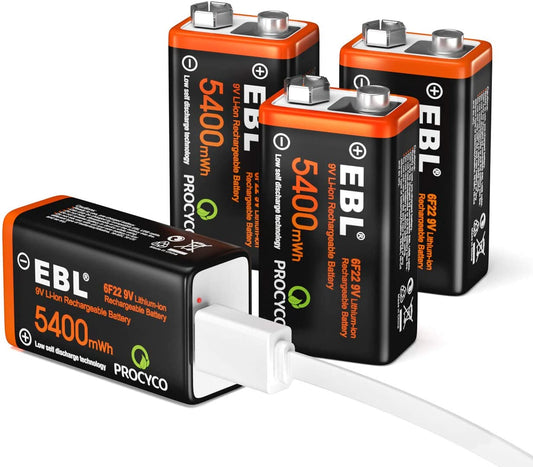 Set de 4 baterii 9V reincarcabile prin USB, 5400 mWh, incarcare rapida, cu cablu de incarcare 4 in 1