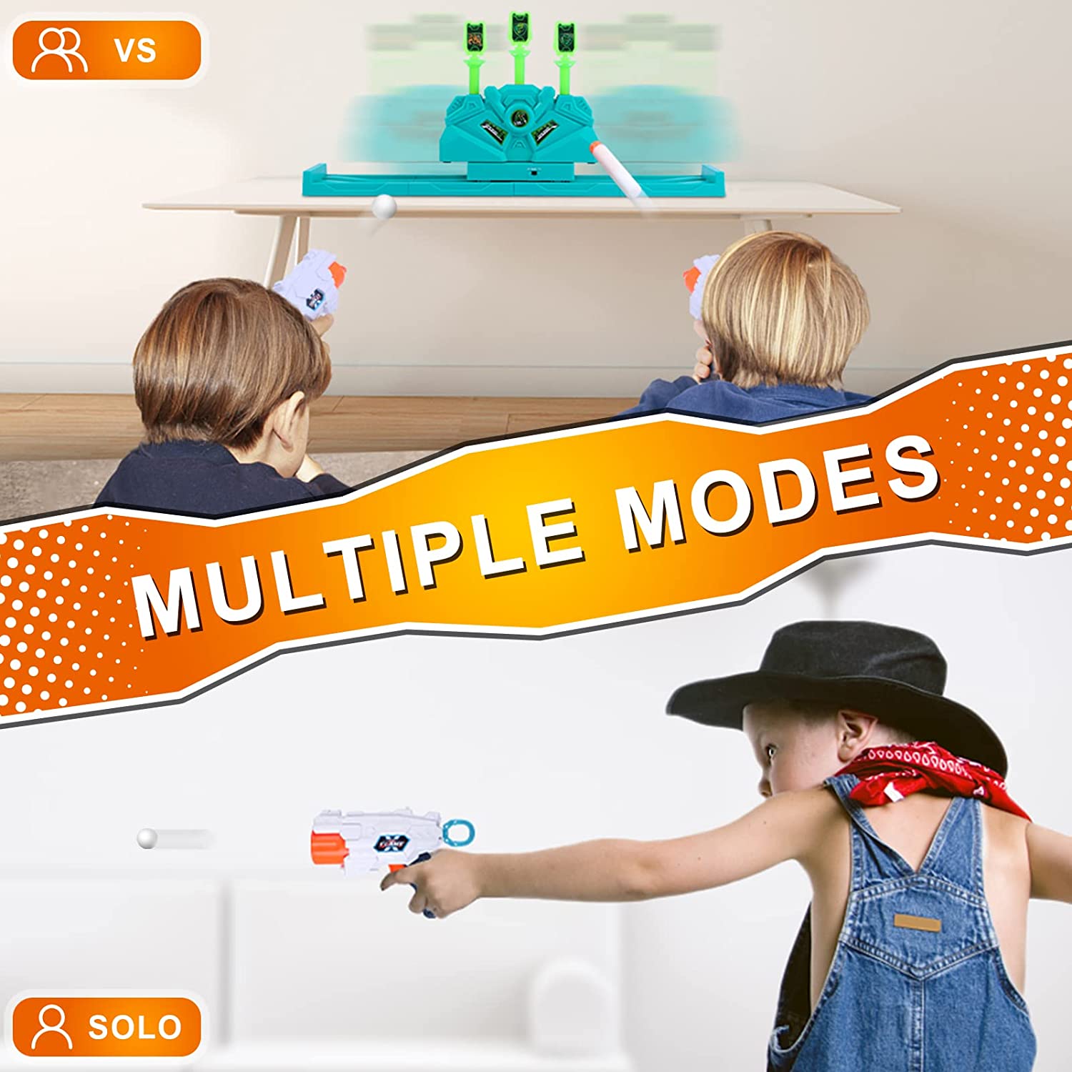 Set Blaster cu tinta plutitoare mobila, 2 pistoale, 10 sageti din spuma, 10 bile si 3 tinte fixe, compatibil Nerf, pentru copii +6 ani