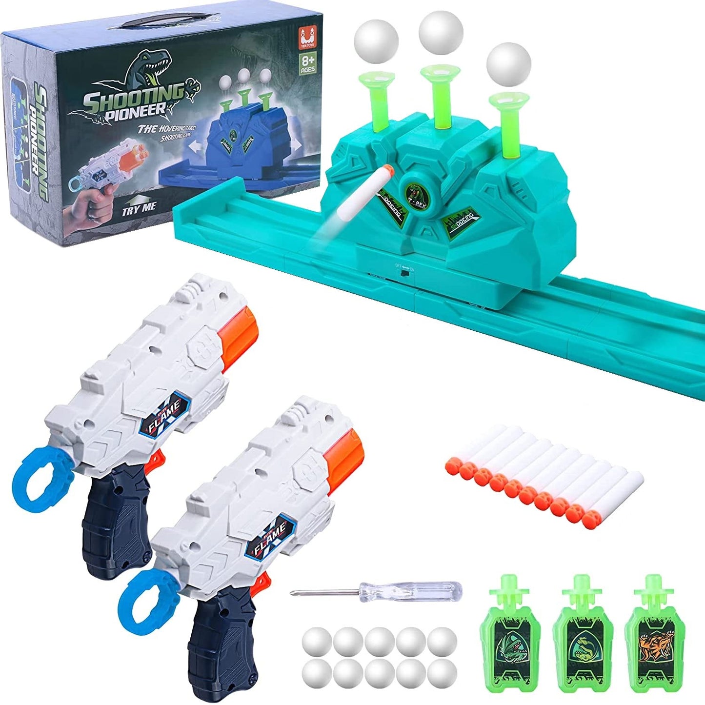 Set Blaster cu tinta plutitoare mobila, 2 pistoale, 10 sageti din spuma, 10 bile si 3 tinte fixe, compatibil Nerf, pentru copii +6 ani