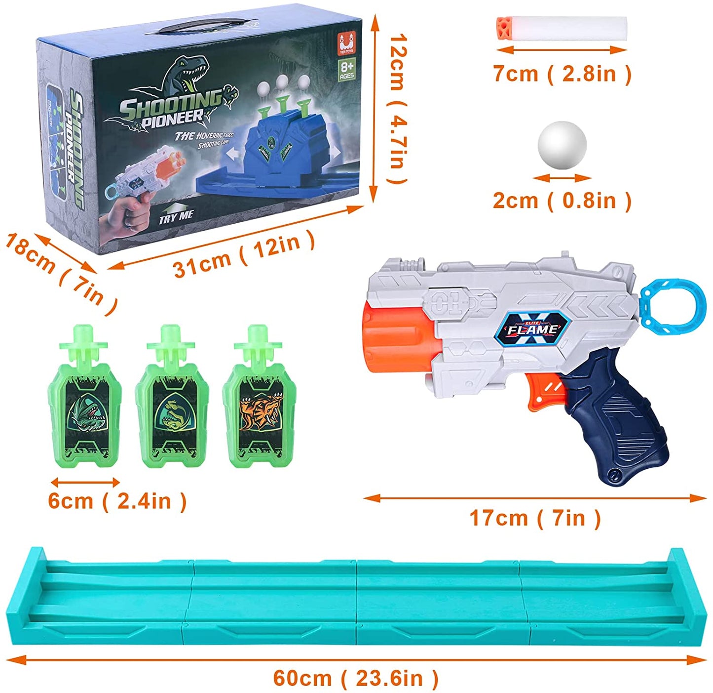 Set Blaster cu tinta plutitoare mobila, 2 pistoale, 10 sageti din spuma, 10 bile si 3 tinte fixe, compatibil Nerf, pentru copii +6 ani