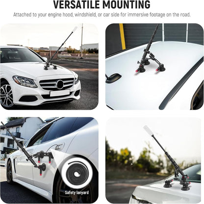 Suport auto 2 in 1 pentru camera si telefon, rotativ 360°, cu trei ventuze, tija telescopica extensibila, folosit pentru exterior in timpul deplasarii, suport pentru camera cu eliberare rapida, compatibil cu GoPro, Insta360, DJI OSMO Action