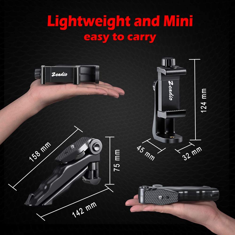 Trepied portabil pentru telefon si tableta, Zeadio, cu telecomanda Bluetooth, rotire completa la 360°, pentru inregistrare video si fotografiere, negru