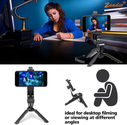 Trepied portabil pentru telefon si tableta, Zeadio, cu telecomanda Bluetooth, rotire completa la 360°, pentru inregistrare video si fotografiere, negru