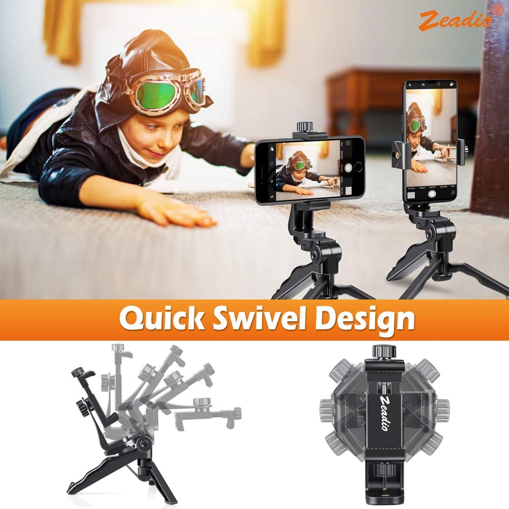 Trepied portabil pentru telefon si tableta, Zeadio, cu telecomanda Bluetooth, rotire completa la 360°, pentru inregistrare video si fotografiere, negru