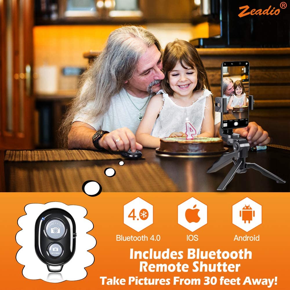 Trepied portabil pentru telefon si tableta, Zeadio, cu telecomanda Bluetooth, rotire completa la 360°, pentru inregistrare video si fotografiere, negru