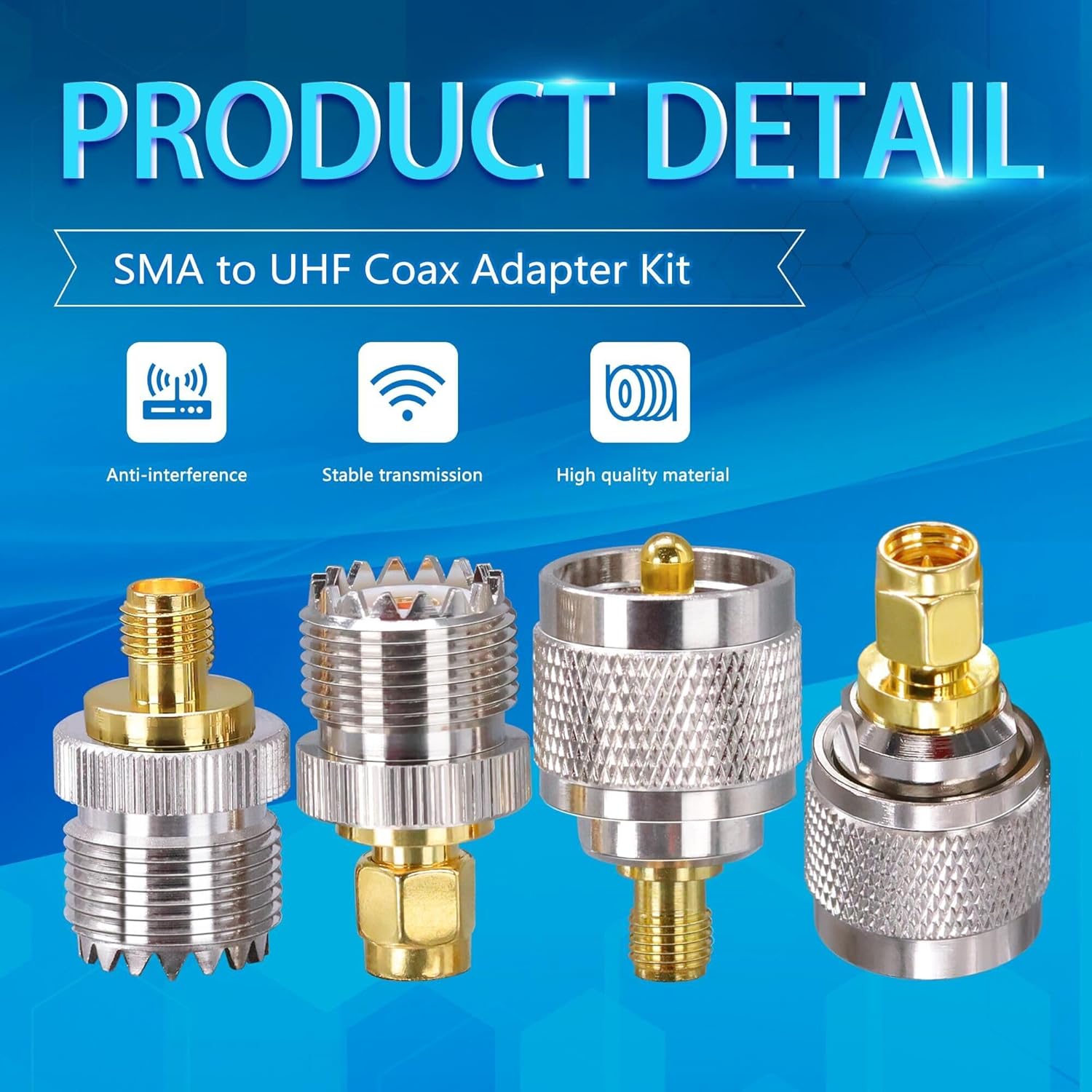 Set 4 adaptor mufa SMA la UHF, anti-interferente, transmisie stabila, pentru radio, analizor, antena WiFi, antena GPS, router Wifi, cablu coaxial
