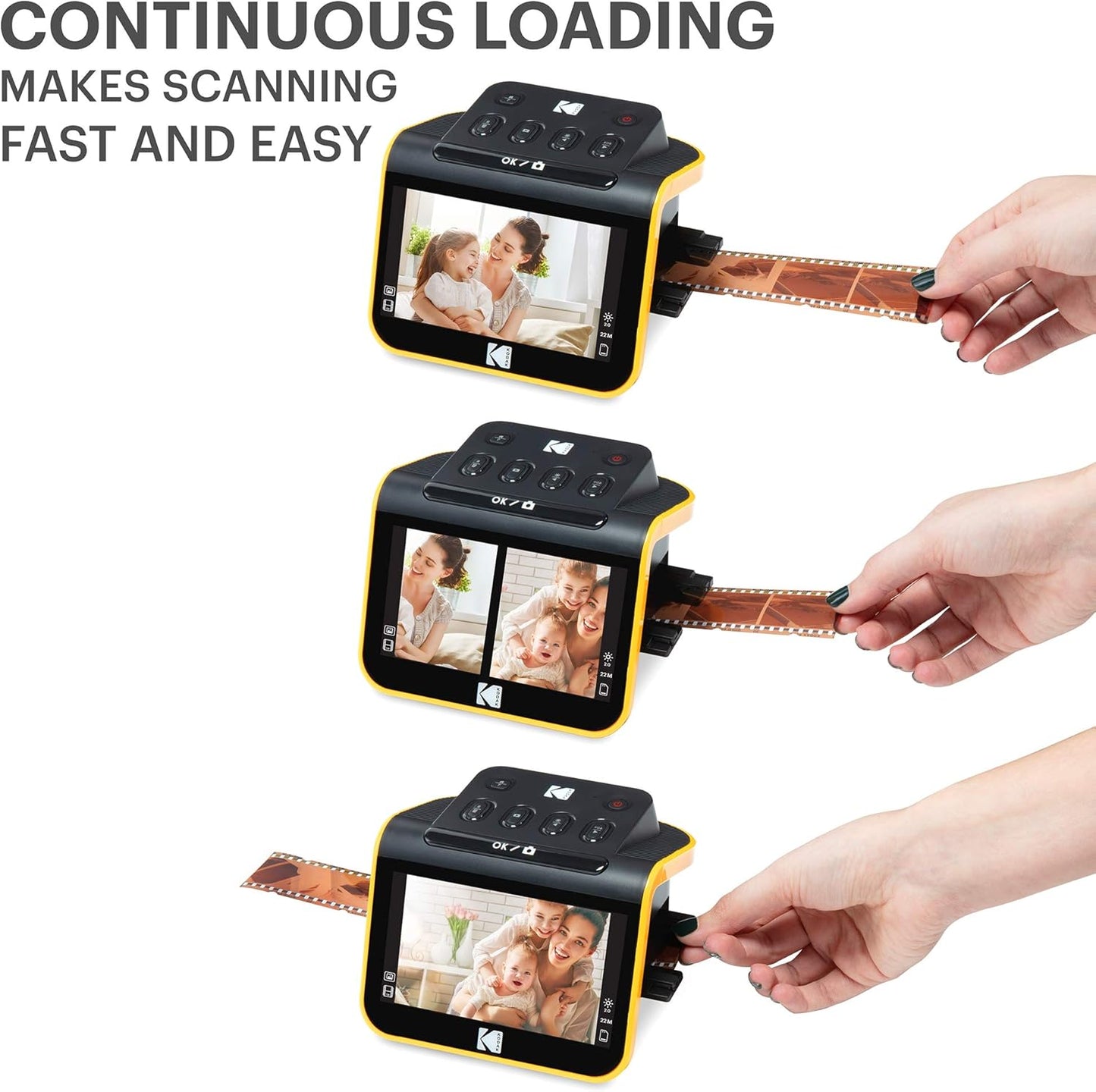 Scanner de film si diapozitive cu ecran LCD de 5 inch, 14/22 mp, compatibil film color si alb-negru, functie incarcare continua, editare foto, cu slot card SD sau SDHC, negru