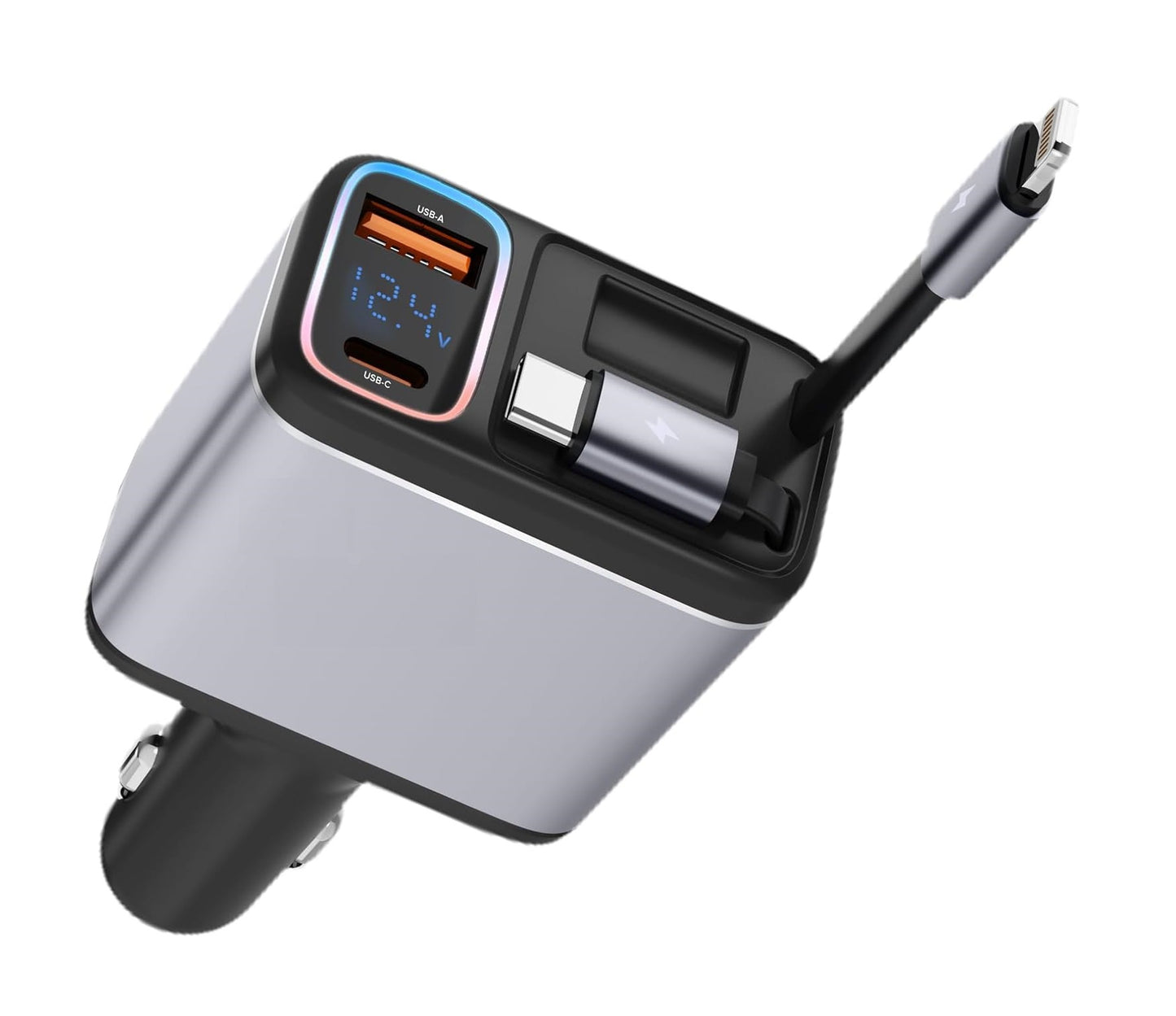 Incarcator auto 147 W PD&QC3.0, 12-24V, cu port USB-C si USB-A, cablu USB-C si iOS extensibil, incarcator rapid cu afisaj LED compatibil cu MacBook, smartphone, iPad, Switch