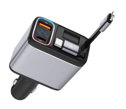 Incarcator auto 147 W PD&QC3.0, 12-24V, cu port USB-C si USB-A, cablu USB-C si iOS extensibil, incarcator rapid cu afisaj LED compatibil cu MacBook, smartphone, iPad, Switch