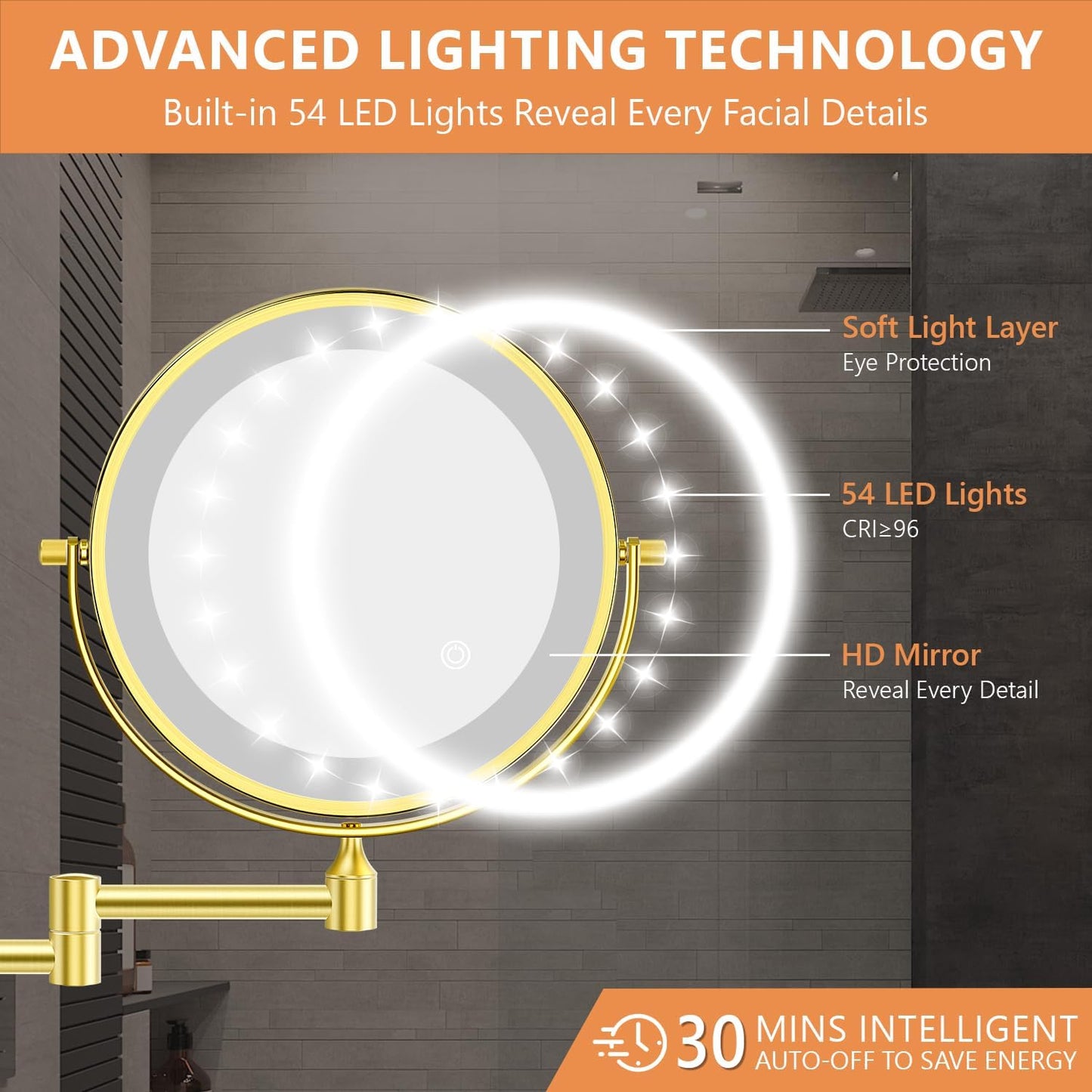 Oglinda cosmetica iluminata LED, marire 1X/20X, luminozitate reglabila, 3 moduri iluminare, reincarcabila, cu doua fete, buton tactil, rotativa 360°, aurie