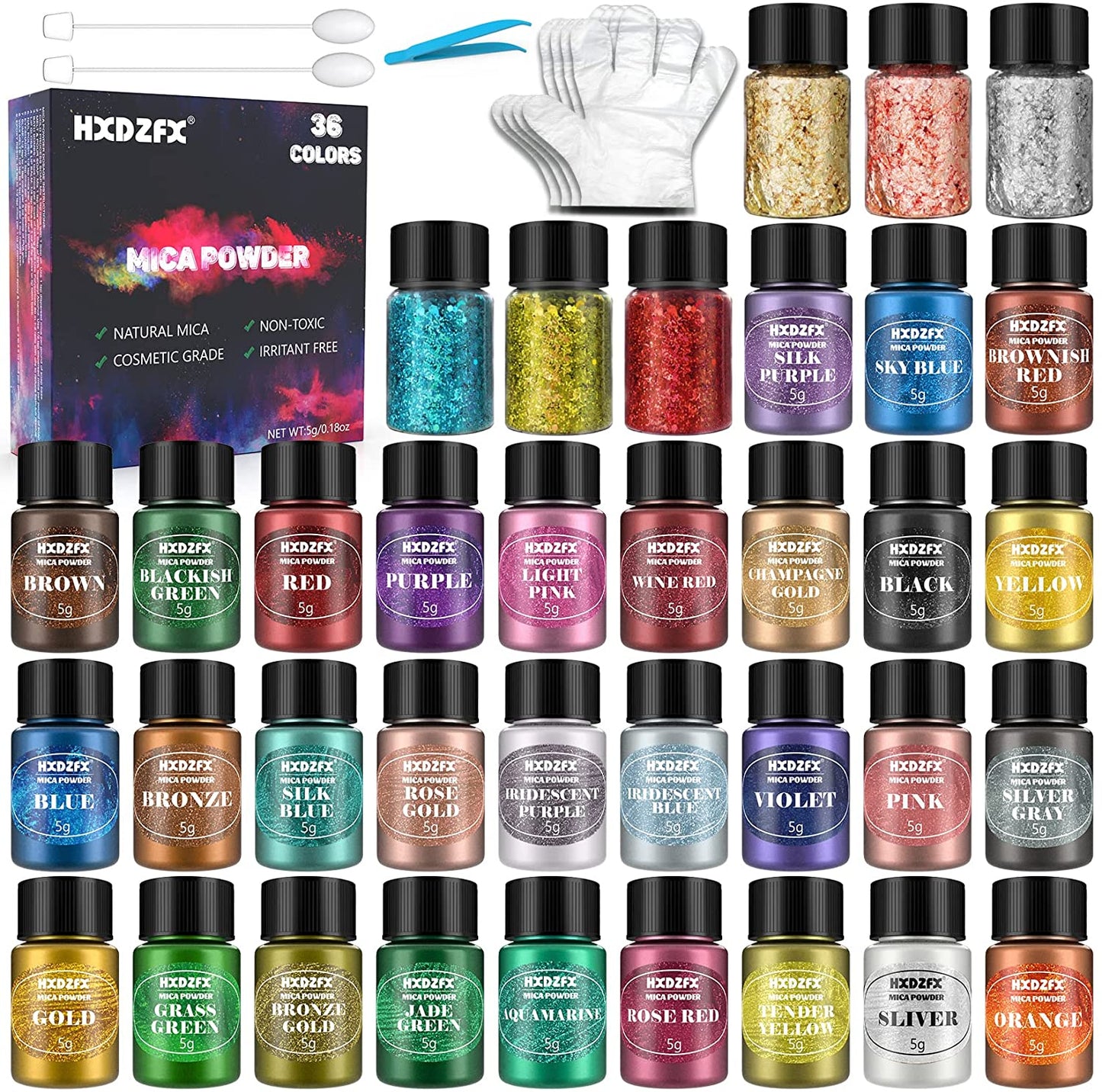 Set pigmenti pudra cu 36 culori sidefat 5g, aditiv multifunctional pentru rasina epoxidica, machiaj, sapun, lac de unghii, lumanari, slime