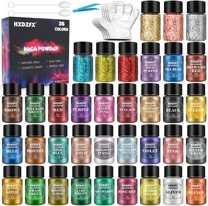 Set pigmenti pudra cu 36 culori sidefat 5g, aditiv multifunctional pentru rasina epoxidica, machiaj, sapun, lac de unghii, lumanari, slime